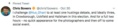 Chris Bowers Tweeted his challenge to Nus Ghani on Oct 30