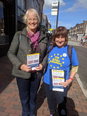 Jane Clark, Wealden LibDem Chair and Karen, in Tunbridge Wells on Sept 29, 2018 promoting the upcoming People's Vote March