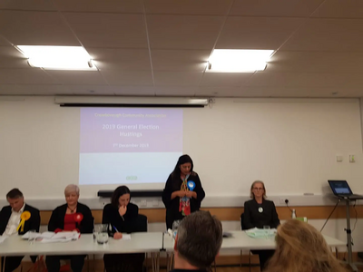 Crowborough Hustings, December 7, 2019 - R to L: Georgia Taylor (Green), Nus Ghani (Tory), moderator Helen Catt, Angie Smith (Labour), Chris Bowers (LibDem)