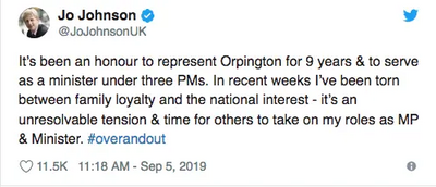 Jo Johnson tweet Sept 5 2019