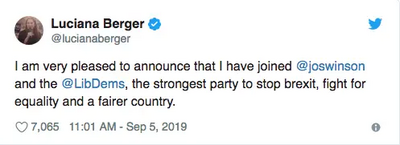 Tweet by Luciana Berger Sept 5 2019